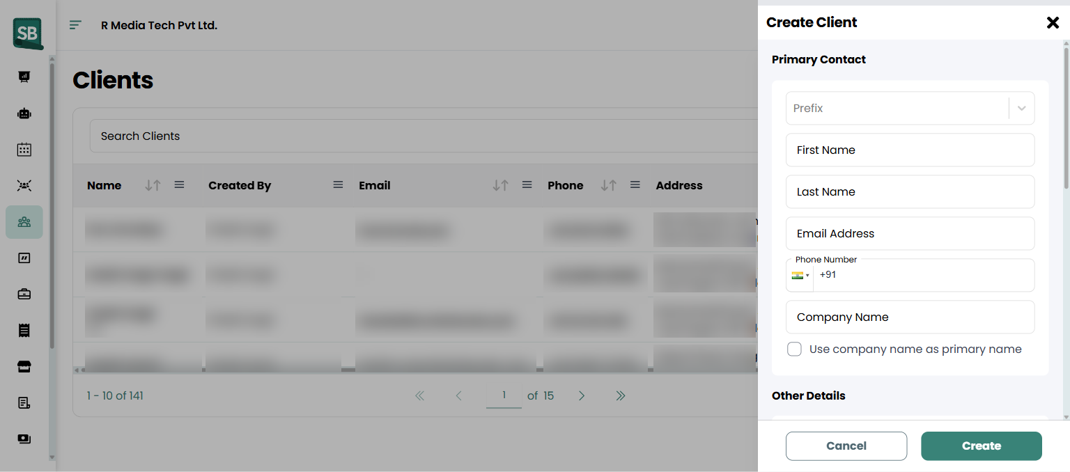 New client form showing name, email, phone, company, and property fields