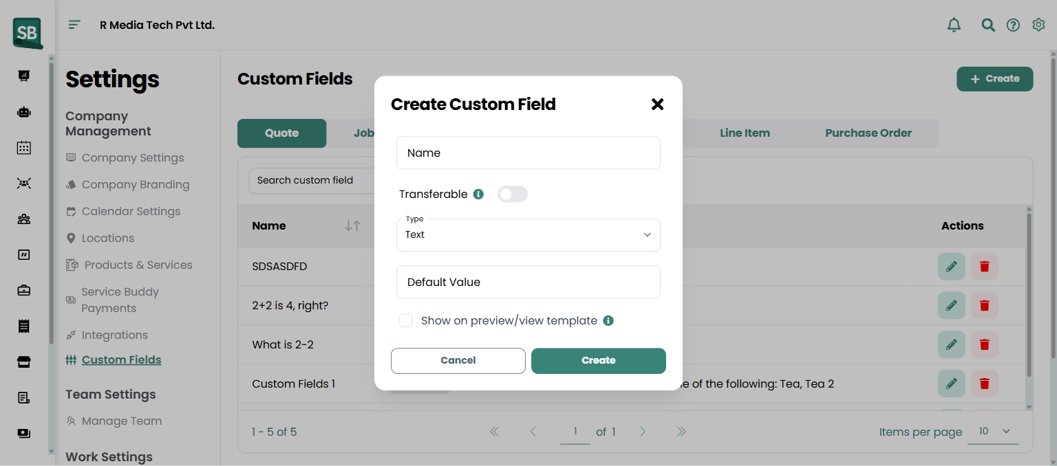 Add Custom Field form with Name, Module, Type dropdown, and options list