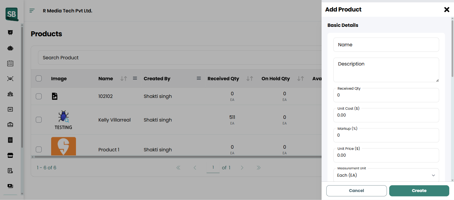 Add Product form with name, description, cost, markup, unit price, and measurement unit fields