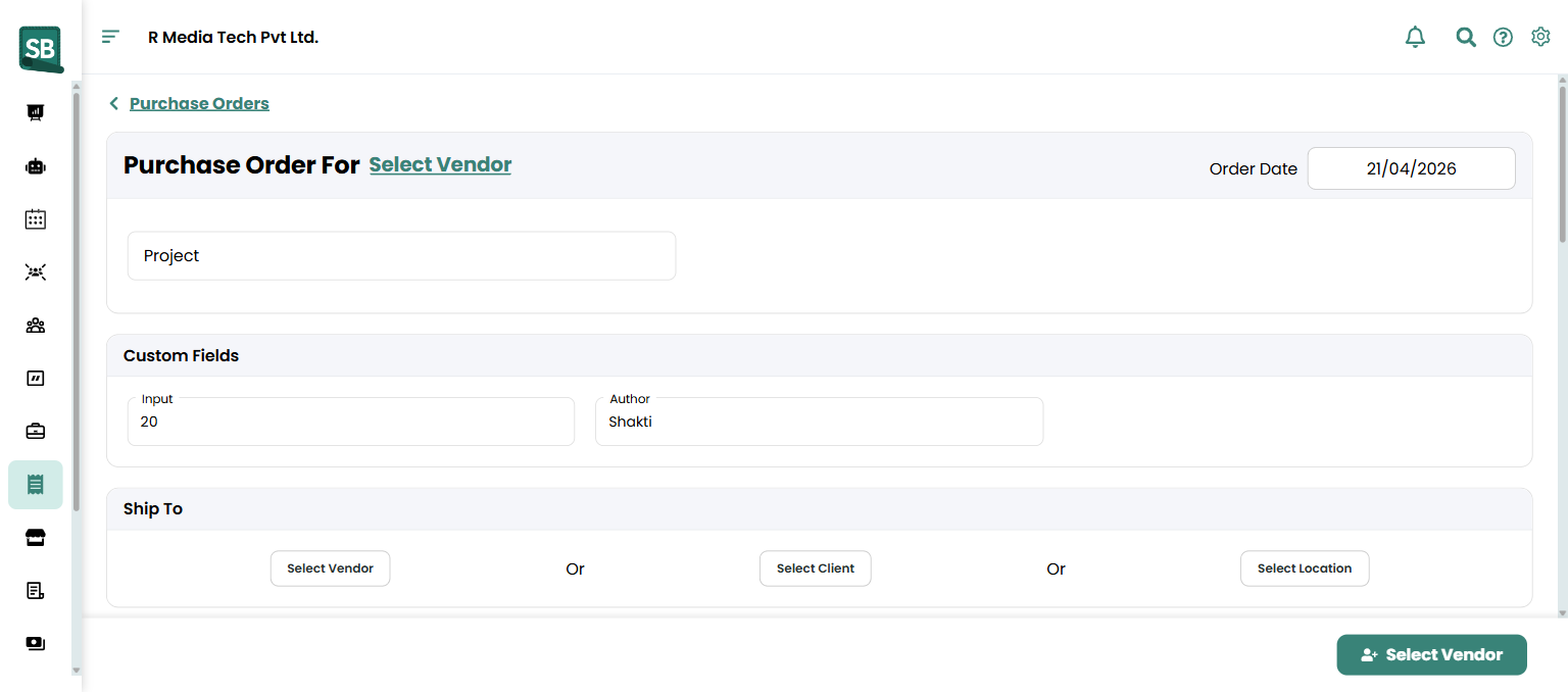 New Purchase Order form with vendor picker, line items, and shipping address