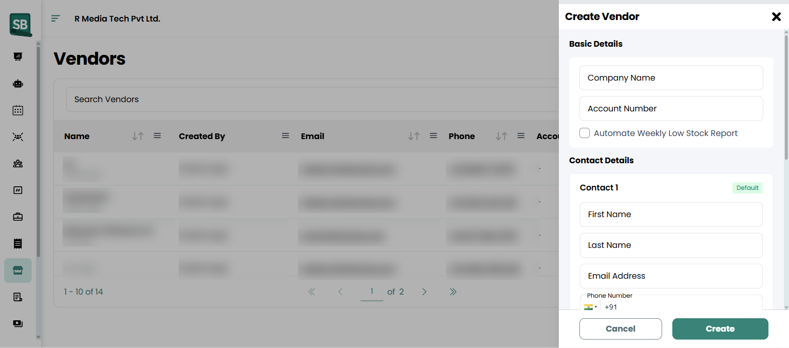 New Vendor form showing company name, contact, address, and account number fields