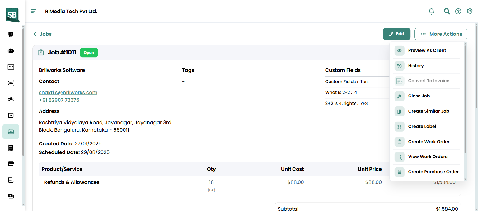 Create Invoice dialog with job details pre-filled