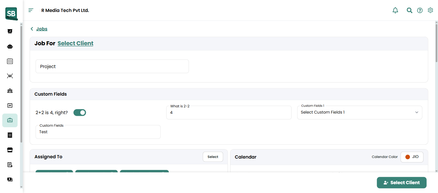New job form showing client, property, title, dates, line items, and totals