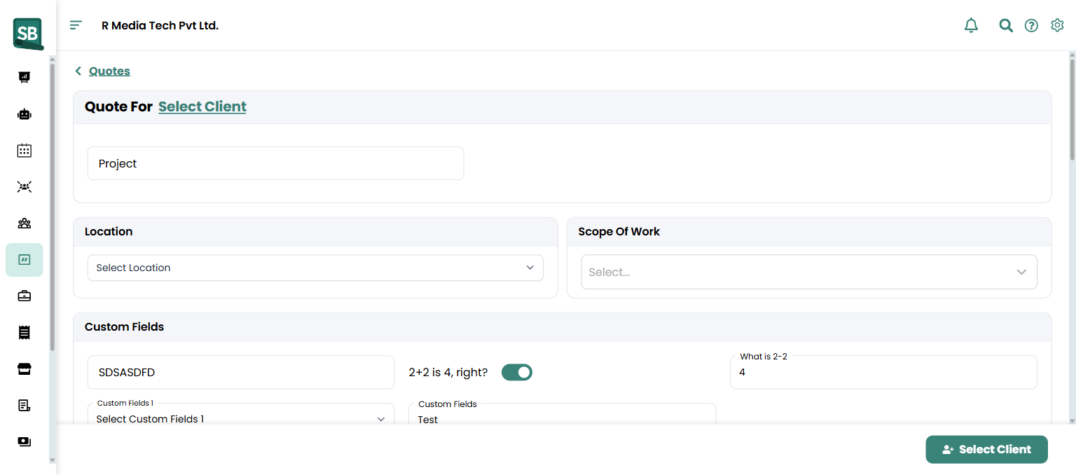 New Quote form showing client picker, line items, and totals summary