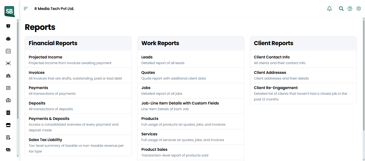 Reports library page with categories and report tiles.