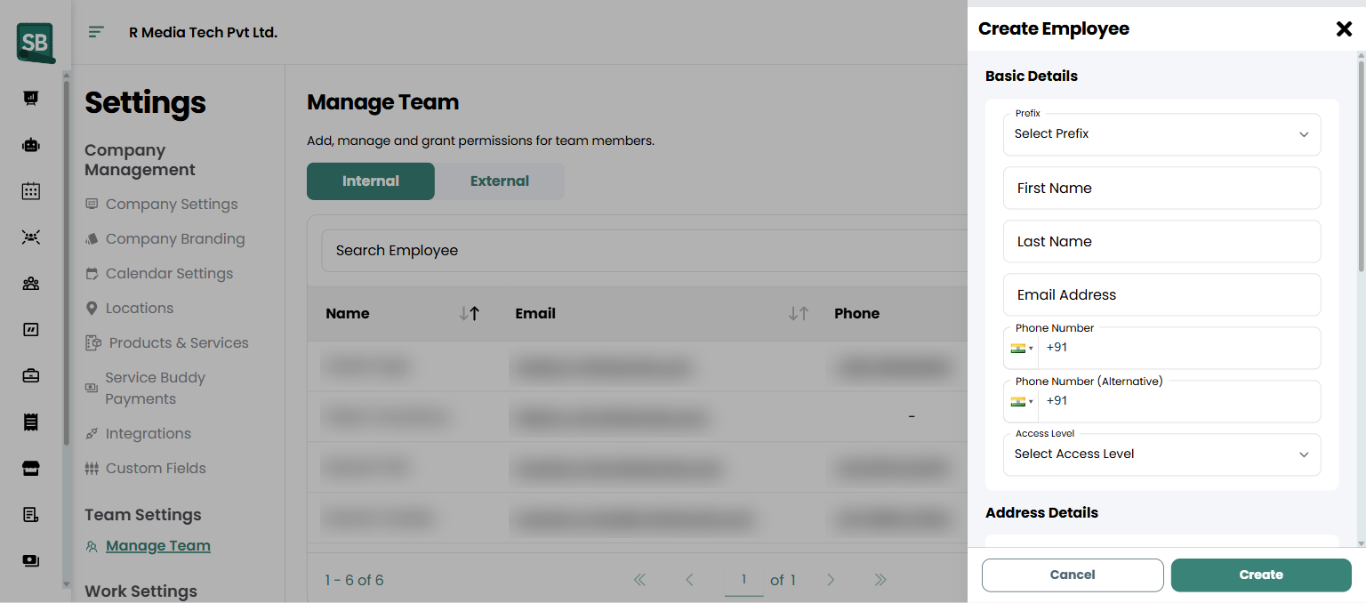 Create Employee form with contact fields, roles dropdown, and locations selector