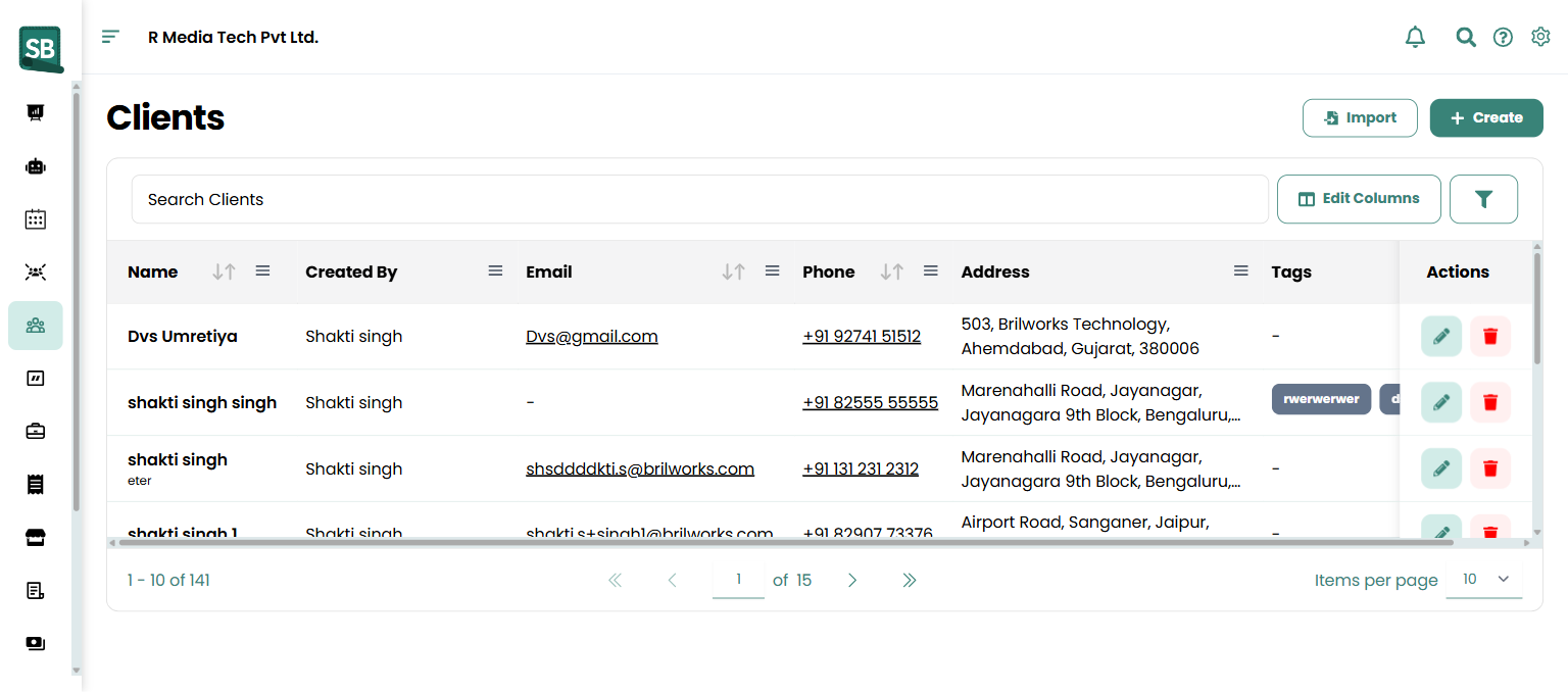 Client list with filters applied and page size dropdown open